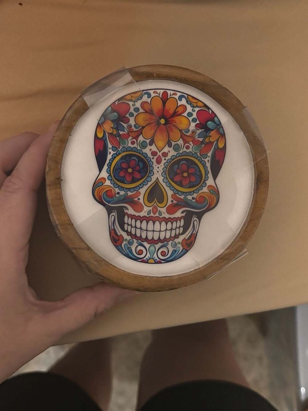 Sugar Skull Wooden Coaster Holder Set Day Of The Dead Floral